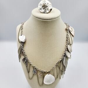 Vtg Silver-tone Multi-layered Charm Necklace Matching Ring Rhinestone Details